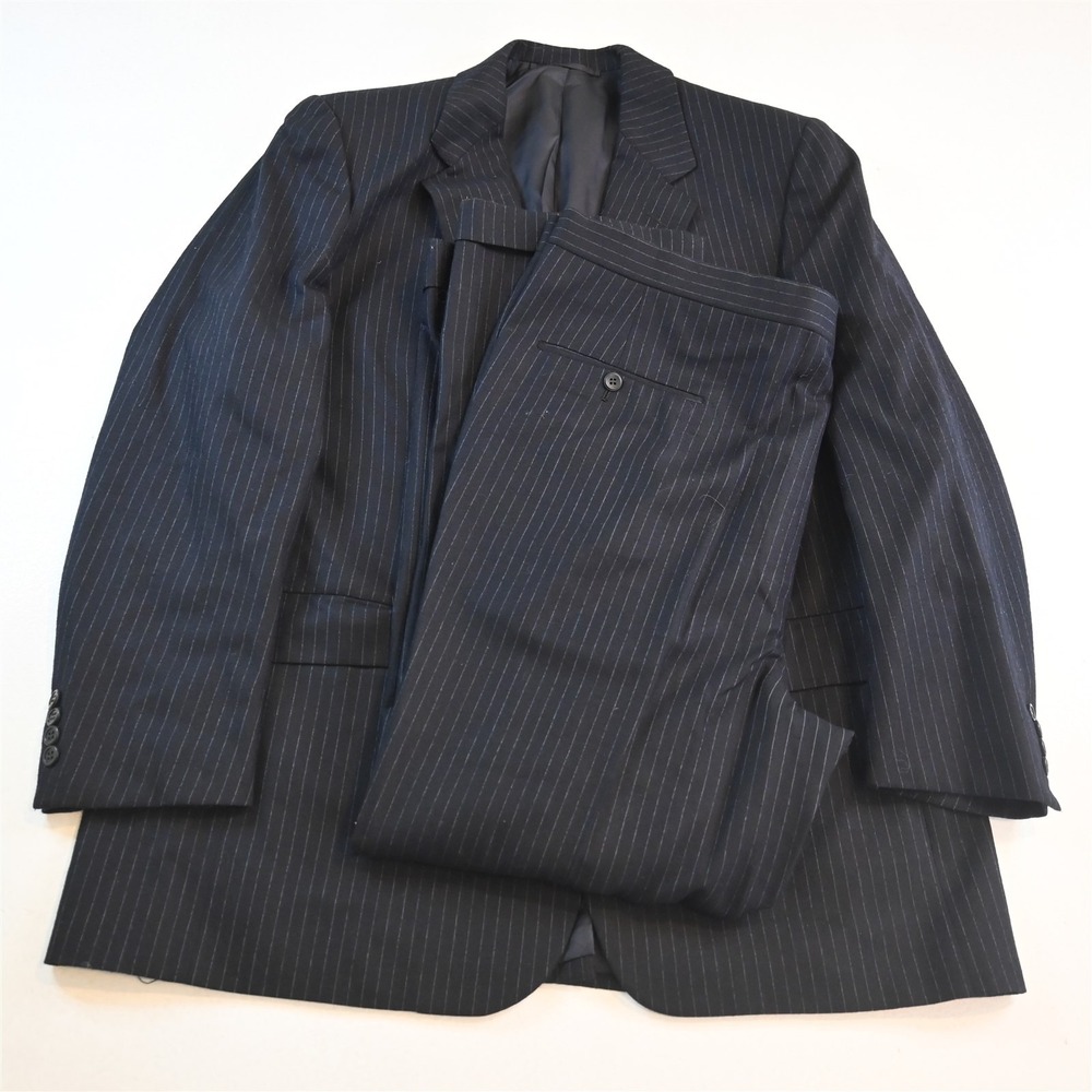 Vtg USA Made 48R 40x30 Navy Blue Striped‎ Flannel Wool Mens Jacket Pants Suit